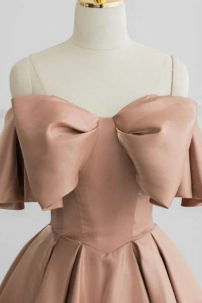 Champagne A Line Off Shoulder Satin Long Prom Dress, Champagne Formal Dress KPP1599