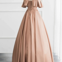 Champagne A Line Off Shoulder Satin Long Prom Dress, Champagne Formal Dress KPP1599 - Thumbnail 2