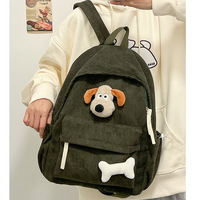 Harajuku Corduroy Backpack With Dog Pin - Thumbnail 1