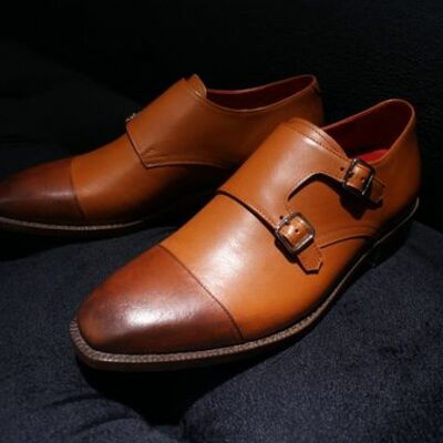 Handmade simple design brown leather monk strap buckle design shoes