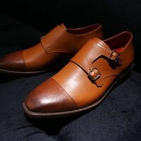 Handmade Simple Design Brown Leather Monk Strap Buckle Design Shoes - Thumbnail 1