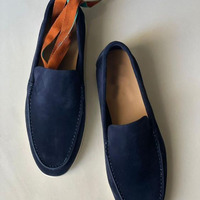 Men's Navy Blue Suede Handmade Loafers Shoes - Thumbnail 1