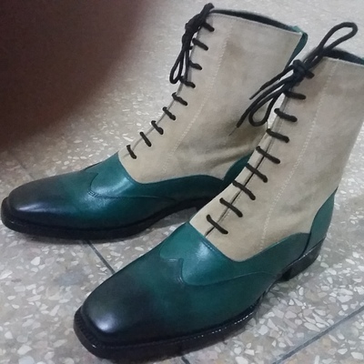 Green calf and suede leather ankle high wingtip lace up dress boot - Thumbnail 3