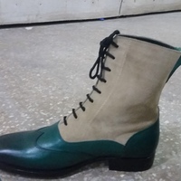 Green Calf and Suede Leather Ankle High Wingtip Lace up Dress Boot - Thumbnail 2
