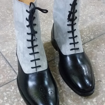 Black calf and grey suede leather ankle high dress lace up boot - Thumbnail 2