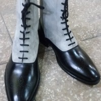 Black Calf and Grey Suede Leather Ankle High Dress Lace up Boot - Thumbnail 1