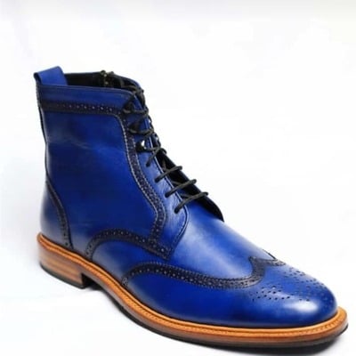 Crafted leather blue wingtip ankle high lace up dress boot - Thumbnail 3