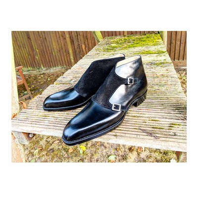 New handmade black leather and suede double monk ankle high boot - Thumbnail 2