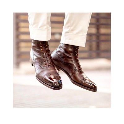 Ankle high brown french calf and scotchgrain lace up dress boot - Thumbnail 3