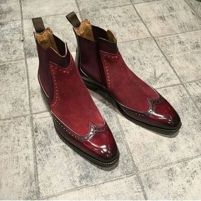 Handmade Men Fashion Wine Red Genuine Leather Ankle High Boot