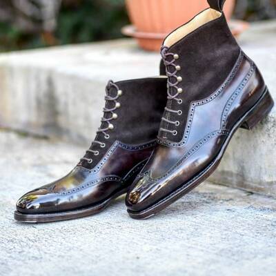 Handmade black calf suede leather ankle high lace up boot - Thumbnail 2