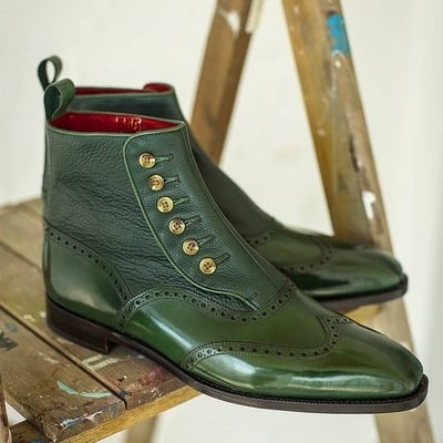 Handmade mens two tone green leather ankle high button formal dress boot - Thumbnail 2