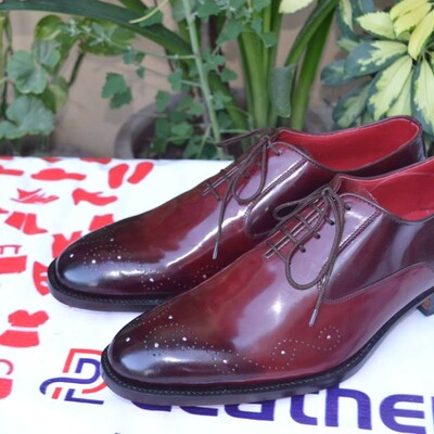 Crafted leather burgundy oxford lace up dress shoes for men - Thumbnail 3