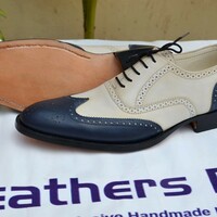 Blue Beige Genuine Oxford Lace up Dress Wingtip Shoes For Men's - Thumbnail 1