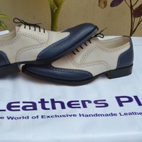 Blue Beige Genuine Oxford Lace up Dress Wingtip Shoes For Men's - Thumbnail 3