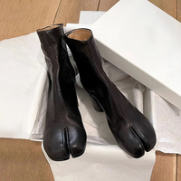  Cowhide split-toe pig trotters slimming thick heel mid-calf Women's Martin Chelsea short boots 2 colors - Thumbnail 1