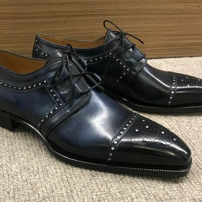 Blue french calf contrast with white skin broguing oxford dress shoes