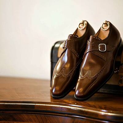 Classic and unique luxury oxford single monk with silver buckle wingtip dress shoes - Thumbnail 3