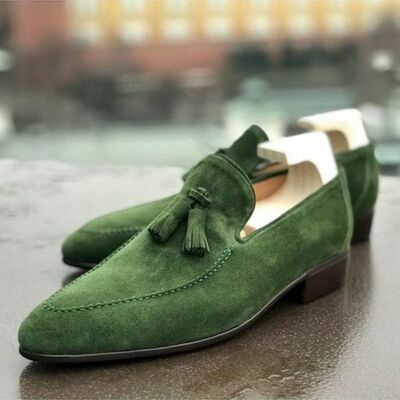 Men stylish green suede tassel loafers dress shoes - Thumbnail 3