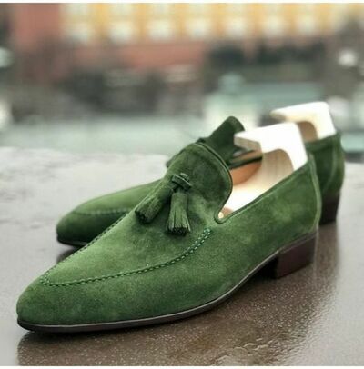 Men Stylish Green Suede Tassel Loafers Dress Shoes