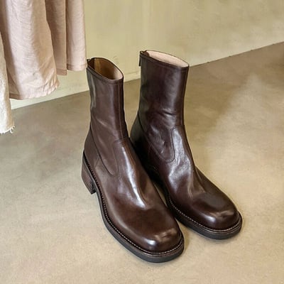 Cowhide genuine leather retro martin boots for women with thick heel and zipper chelsea boots 