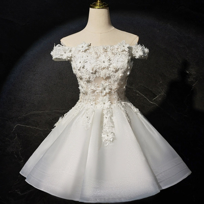 White lace short prom dress, cute off the shoulder party dress - Thumbnail 1