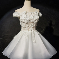 White Lace Short Prom Dress, Cute Off the Shoulder Party Dress - Thumbnail 1