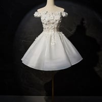 White Lace Short Prom Dress, Cute Off the Shoulder Party Dress - Thumbnail 4