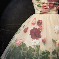 Champagne Scoop Neck Short Prom Dress with Flowers, Cute A-Line Party Dress - Thumbnail 3