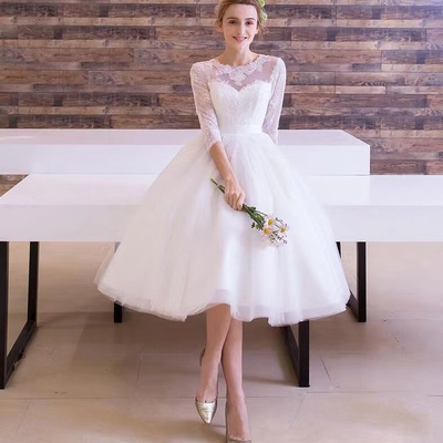 Long-sleeve wedding dress, white bridesmaid dress, graduation midi dress - Thumbnail 3