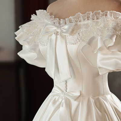 Small vintage satin light wedding dress bride princess birthday dress white female