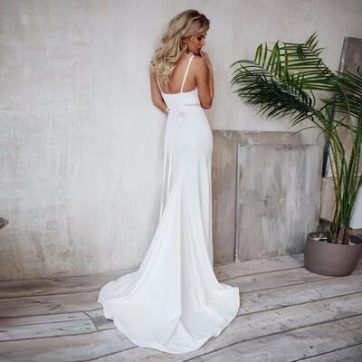 Sleeveless simple satin wedding dress with removable sash