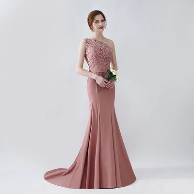 One-shoulder wedding dress, slim, lace fairy bridesmaid dress, sexy bodycon dress,custom made