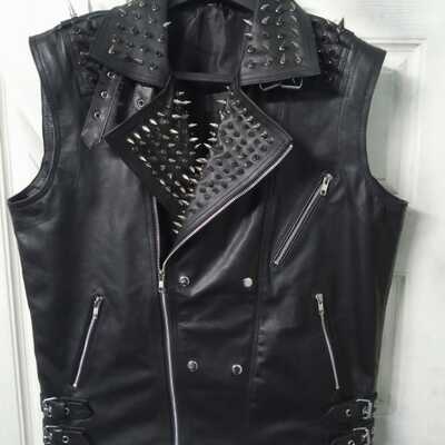 Crafted leather men spiked studded leather vests biker studded jacket - Thumbnail 5