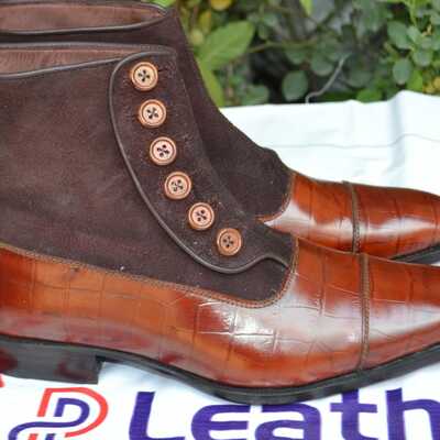 Crafted leather two tone men brown and crocodile texture contrast leather button ankle dress boot - Thumbnail 3