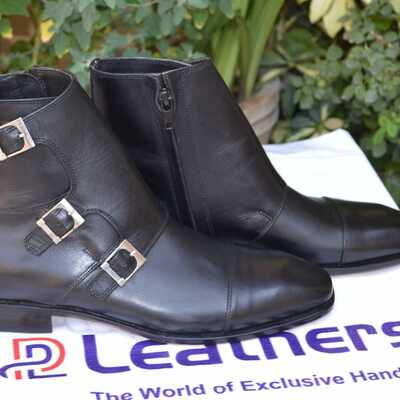 Crafted leather designer triple monk strap ankle high black leather chukka dress boot