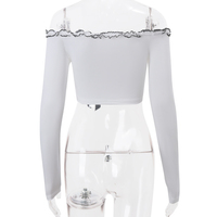 Ruffle Off Shoulder Lace Up Long Sleeve Top - Thumbnail 8