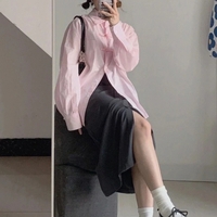 Pink Button Loose Long Sleeve Blouse  - Thumbnail 2