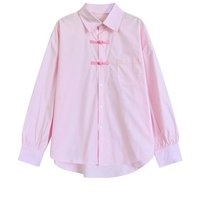Pink Button Loose Long Sleeve Blouse  - Thumbnail 5