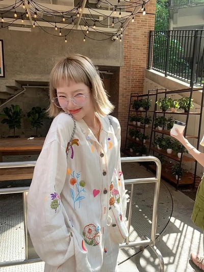 Sweet Embroidery Stripe Long Sleeve Blouse 