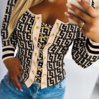 Printed Stitching Chain Long Sleeve Shirt Top - Thumbnail 1