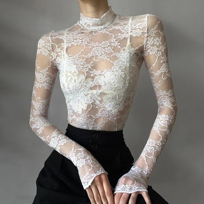White transparent lace turtleneck crop top