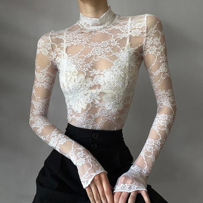 White Transparent Lace Turtleneck Crop Top