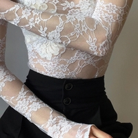 White Transparent Lace Turtleneck Crop Top - Thumbnail 3