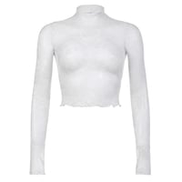 White Transparent Lace Turtleneck Crop Top - Thumbnail 4