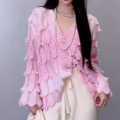 New heavy industry beaded v-neck knitted cardigan tie-dye gradient sweater - Thumbnail 3