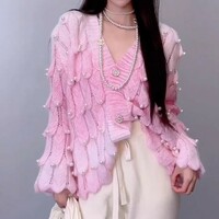 New heavy industry beaded v-neck knitted cardigan tie-dye gradient sweater - Thumbnail 3
