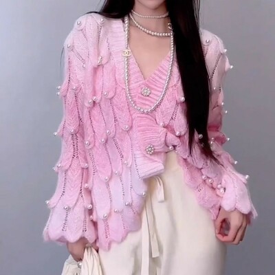 New heavy industry beaded v-neck knitted cardigan tie-dye gradient sweater