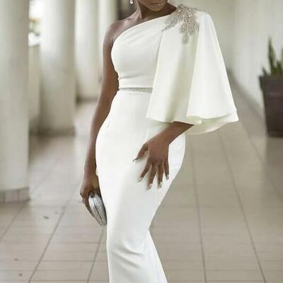 One shoulder ivory african formal prom dress with beading - Thumbnail 1