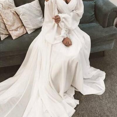 Off shoulder ivory chiffon prom dress with long sleeves - Thumbnail 1